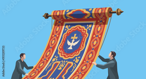 An elegant flat design illustration depicting the ceremonial unfurling of a processional banner, marking an important opening event of Semana Santa. 
