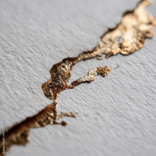 Golden Glitter Crack on Textured Gray Surface with Shallow Depth of Field for Artistic Effect