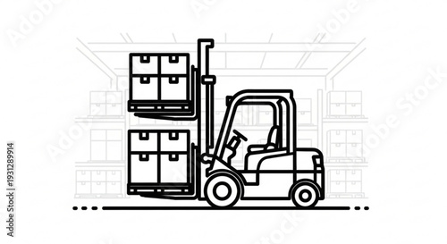 Forklift transporting containers in a warehouse viewed from the side