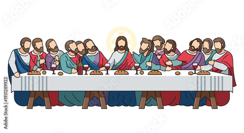 A symbolic flat design illustration of the Last Supper, a pivotal event preceding Semana Santa, depicted with a minimalist approach. 