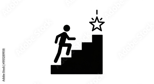 A person climbs stairs towards a shining star symbolizing achievement and success in a simple illustration