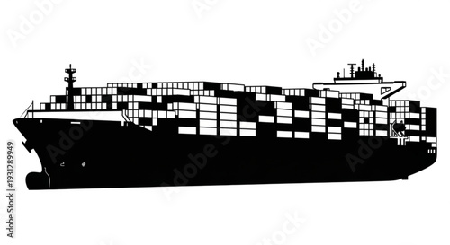 A large cargo ship carrying numerous shipping containers at sea viewed from the side