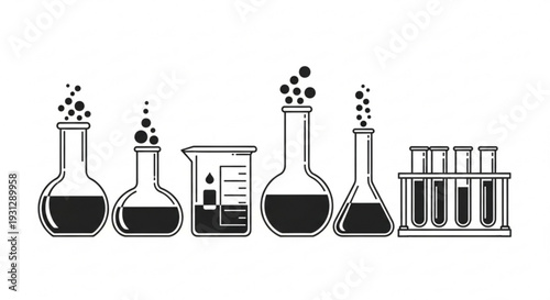 Laboratory equipment set with flasks, beakers, and test tubes on a plain white background, viewed from the front.