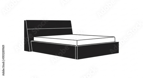 A black and white illustration of a modern bed with a simple headboard and mattress on a plain background