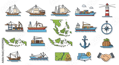 Maritime Shipping and Global Trade Icons Collection with Indonesian Map Elements.