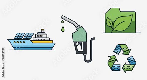 Eco-friendly Shipping Fuel Pump Green Folder and Recycling Symbol Icons.