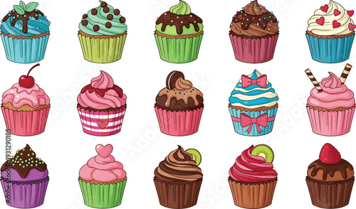 Decorative Gourmet Cupcake and Dessert Collection Featuring 15 Hand-Drawn Sweet Treats with Fruit Sprinkles and Whipped Cream for Bakery Branding