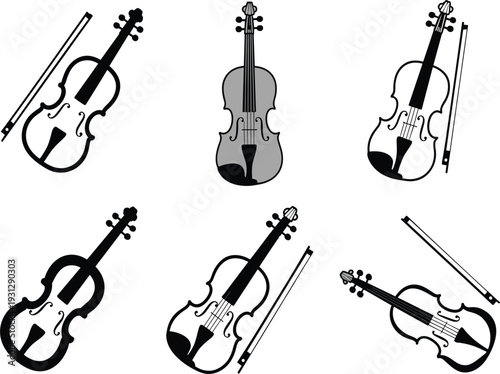 Classical violin and fiddle silhouette set, musical instrument icons with bows, orchestral string equipment vector illustration