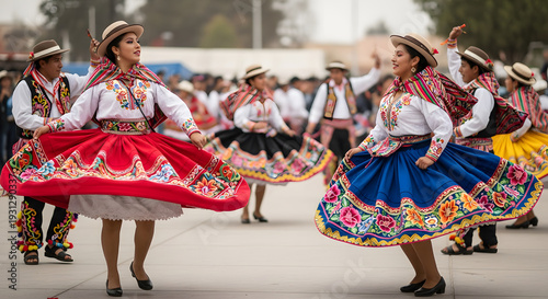 Peruvian folk dancers in traditional dress performing a dance