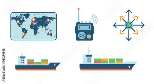 Flat Illustration of Cargo Ships Representing Global Shipping Logistics.