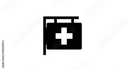A simple and clear silhouette icon representing a hospital or medical clinic signboard with a prominent white cross on a dark background, symbolizing healthcare and emergency services