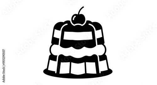 Simple black silhouette of a layered gelatin dessert, elegantly topped with whipped cream and a cherry. A pure, solid-color graphic for sweet treats and confectionery menus