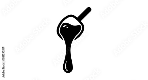 Minimalist graphic icon of a kitchen spoon, featuring a single solid black form of a utensil with a drop of liquid falling, symbolizing flavor, measurement, or culinary processes