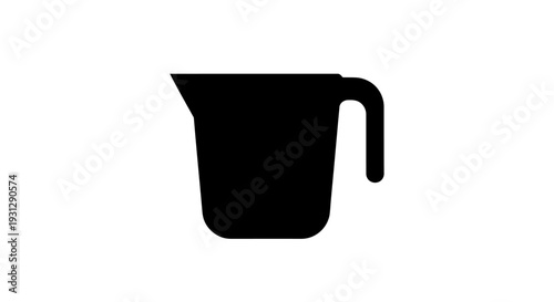 Simple solid black silhouette of a kitchen measuring cup or jug with a handle and pouring spout, an essential graphic icon for culinary, baking, and food preparation designs