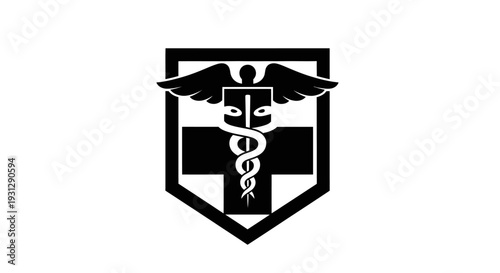 Clean and modern graphic of a protective shield incorporating a winged caduceus and a prominent medical cross, presented as a solid color silhouette