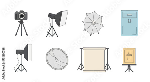 Collection of various photography studio equipment icons in a flat line art style.