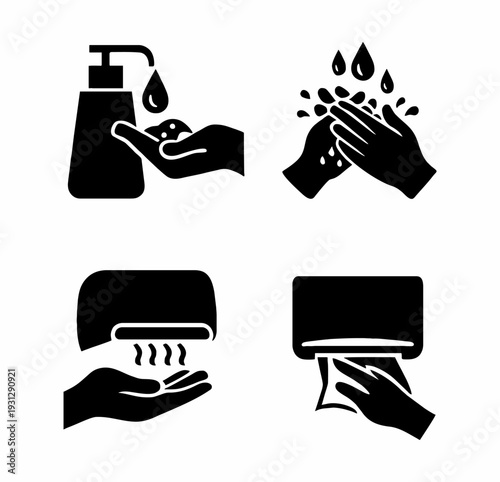 Hand Hygiene Icons Set Washing Sanitizing Drying Hands Vector Illustration