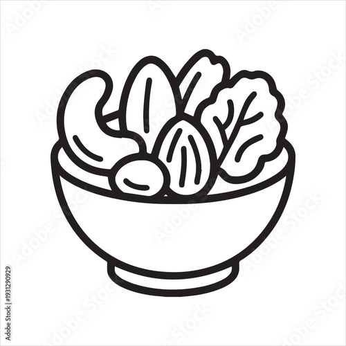 Mixed nuts in bowl outline icon vector
