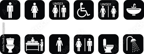 Black and white restroom icon set featuring male, female, unisex, disabled access, baby changing station, toilet, sink, and shower symbols.
