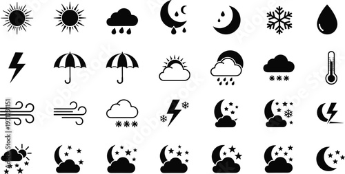 Black measurement icon set featuring various weighing scales, kettlebells, digital balances, luggage scales, and kitchen tools for commerce and industrial use.