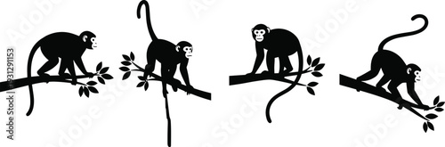 Black monkey silhouette vector set featuring primates climbing on tree branches, hanging by tails, and walking in wild jungle nature scenes.
