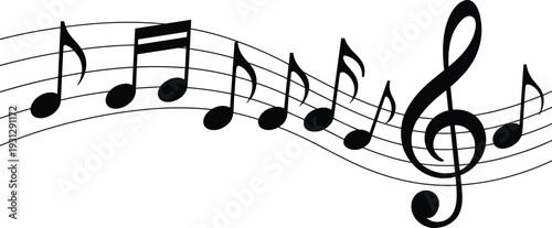 Music notes and treble clef symbol, musical staff melody wave black silhouette flat vector illustration design