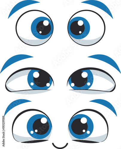 Collection of cute blue cartoon eyes featuring different expressions including wide open, squinting, and happy smiling faces for character design.