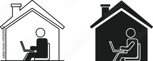 Vector icons of a person working on a laptop inside a house, representing remote work, home office, telecommuting, and freelance.