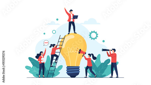 Collaborative business team working together to build creative ideas around a giant glowing light bulb for success in professional projects.