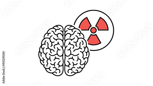 Human brain illustration shown next to a radioactive warning symbol representing potential dangers or effects of radiation on mental health.