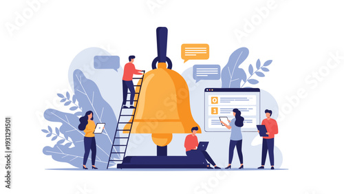 Group of people managing notifications and digital tasks around a giant golden service bell with various chat bubbles and screen windows.