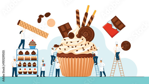 Miniature pastry chefs working together to decorate a giant cupcake with chocolate pieces and cookies in a fun culinary teamwork illustration.