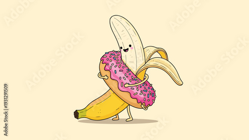 Whimsical character illustration of a happy banana peeling itself to reveal a pink frosted donut with colorful sprinkles inside for humor.