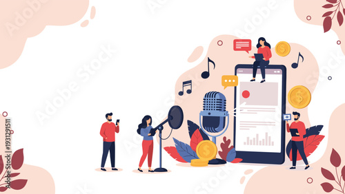 People creating and listening to audio content around a giant smartphone with a vintage microphone and musical notes for podcasting themes.