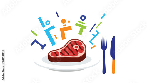 Delicious grilled beef steak served on a white plate with a blue fork and a yellow knife alongside abstract colorful decorative elements.