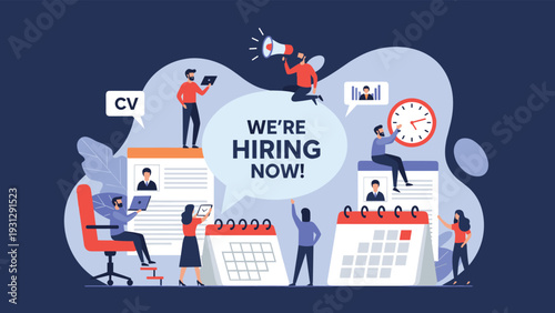 Corporate recruitment concept with the text we are hiring now surrounded by professionals managing resumes and scheduling interview dates.