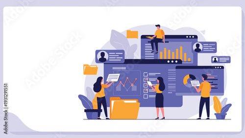 Business data management concept showing employees interacting with multiple window screens containing various charts and user profiles.