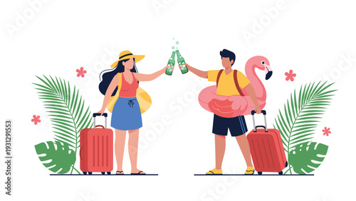 Happy couple with suitcases and a pink flamingo pool float celebrating their summer vacation while making a toast with green glass bottles.