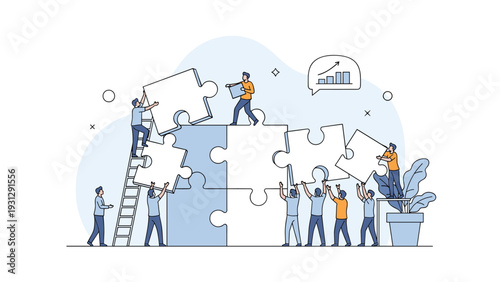 Collaborative team of workers building a large structure out of interlocking puzzle pieces representing unity and successful project completion.