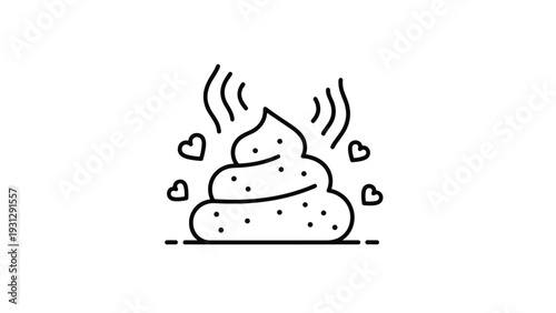 Simple line art drawing of a poop emoji surrounded by small hearts and steam lines representing a humorous or cute take on a common icon.