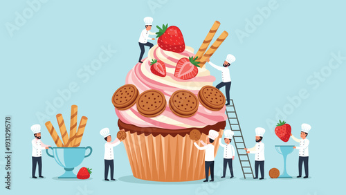 Team of tiny bakers using ladders to decorate a massive pink cupcake with fresh strawberries and chocolate cookies in a creative kitchen scene.