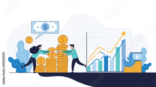 Financial workers moving stacks of golden coins and analyzing an upward trending line graph for successful investment and profit strategies.