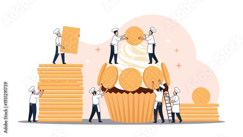 Team of miniature pastry chefs decorating a large cupcake with layers of waffles and circular cookies in a collaborative bakery environment.