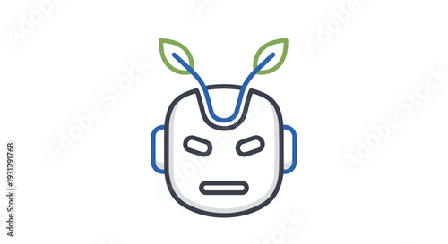 Minimalist Robot Head with Growing Green Leaves for Sustainable Artificial Intelligence and Green Tech Concept