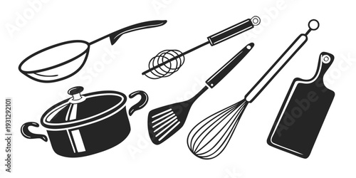 An assortment of cooking utensils and tools laid out on a white background