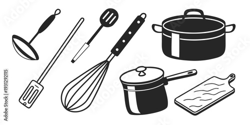 A variety of kitchen utensils and cookware arranged neatly on a white background
