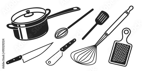 A variety of kitchen utensils and tools arranged on a white background.