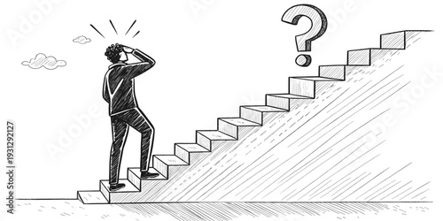 Confused Businessman Standing on Stairs with Question Mark, Career Challenge and Decision Concept