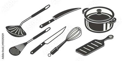 A variety of cooking utensils and tools laid out on a white background