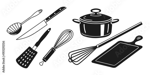 An assortment of kitchen utensils and tools for cooking and baking